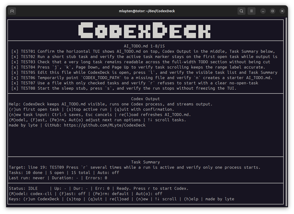 Interface terminal CodexDeck avec le plan AI_TODO, la sortie Codex, un résumé des tâches et une barre de statut.